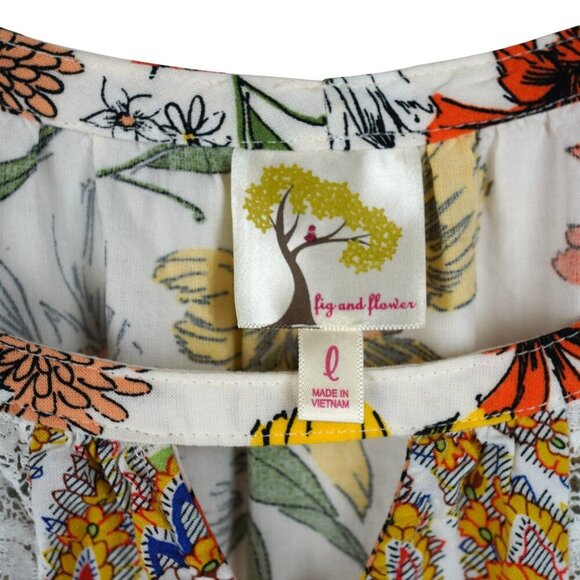 Anthropologie Fig and Flower Floral Blouse Lace Mixed Media Lace Boho Coastal L - Picture 5 of 11